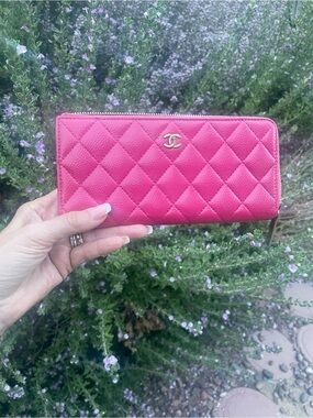 CHANEL Hot Pink Quilted Zip Wallet with Gold CC